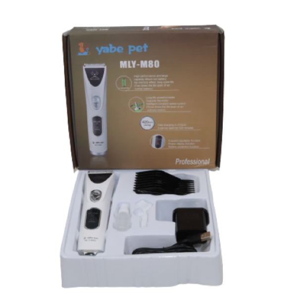 Cat Park MLY-M80 electric shaver ready product with close-up view of blades and ergonomic handle in a ready-to-use state.