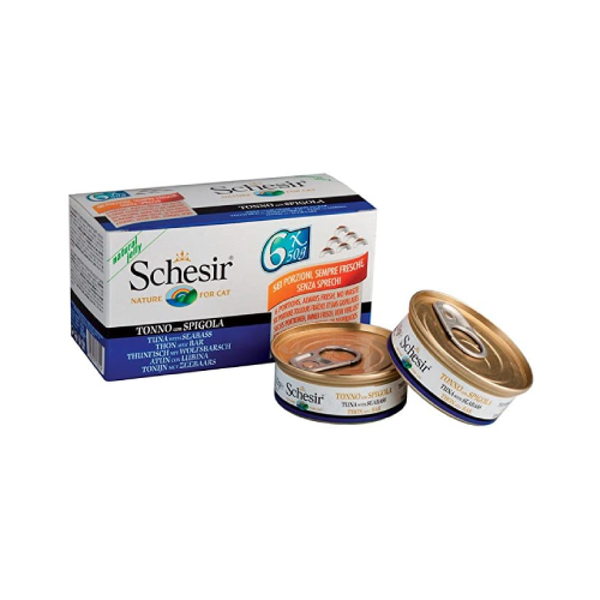 Catz Park ready meal with tuna and sea bass in jelly, 6 packs of 50 grams each, displayed in a clear container.