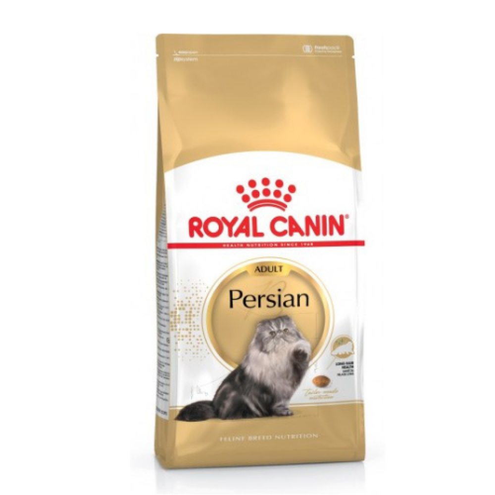 Royal Canin Per-shan Adult Dry Cat Food by CAT PARK, 2kg, shown in a ready-to-serve package with cat food pellets inside.