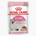 Canned Royal Canin wet cat food for kittens in gravy by CAT PARK, 85g, served in the open can with visible gravy and meat chunks.