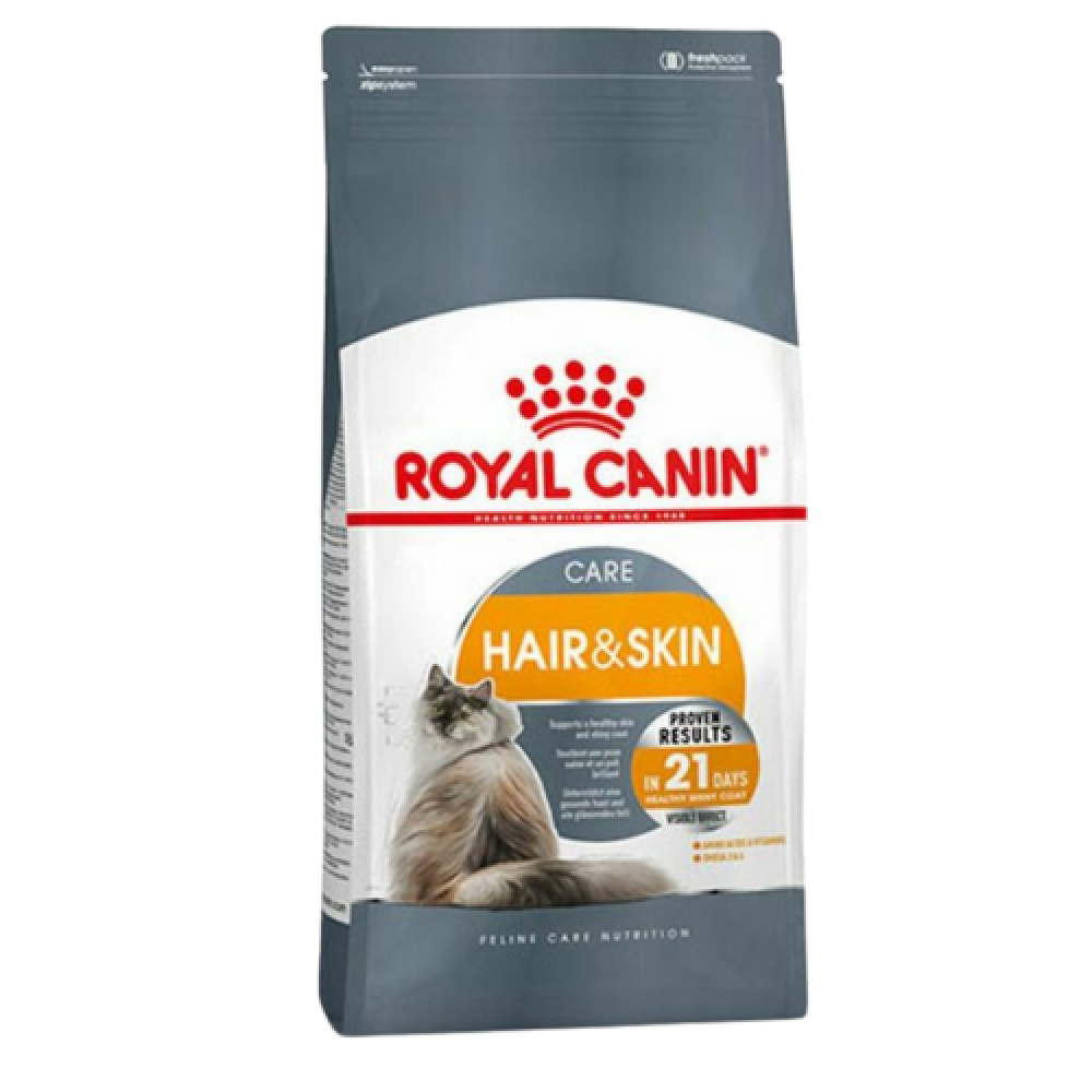 Royal Canin cat grooming dry food by CAT PARK, 10kg, showing a bag of specialized feline hair and skin care diet.