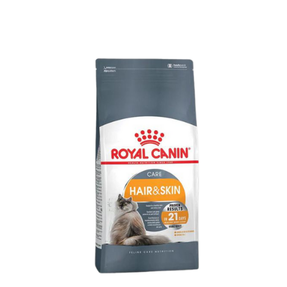 Royal Canin dry cat food for adult cats, focused on hair and skin care, by CAT PARK, shown in a ready product package.