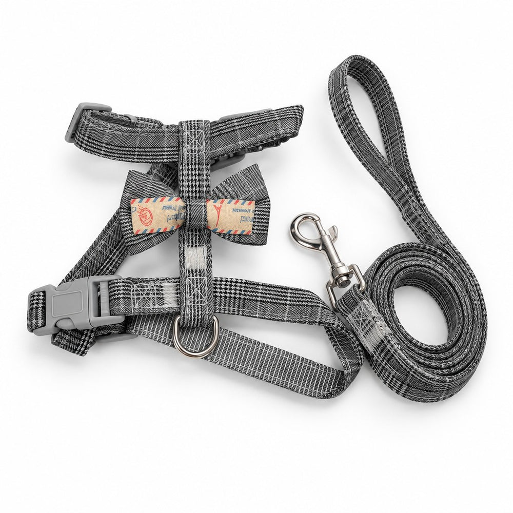 طقم صدرية ومقود للقطط بفيونكة — رمادي كاروهات · harness-grey-h