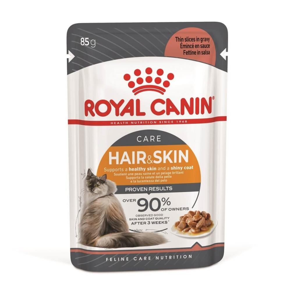 Royal Canin Hair and Skin Cat Food in 85g ready-to-eat pack by CAT PARK, featuring moist texture for coat and skin health.