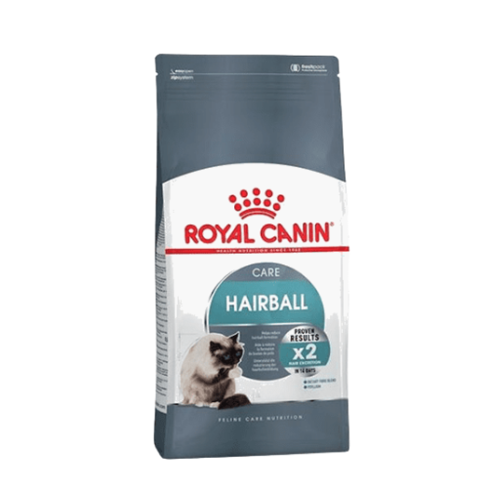 Royal Canin cat dry food for hairball removal, 4kg, by CAT PARK, showing a bag of specialized feline nutrition for hairball control.
