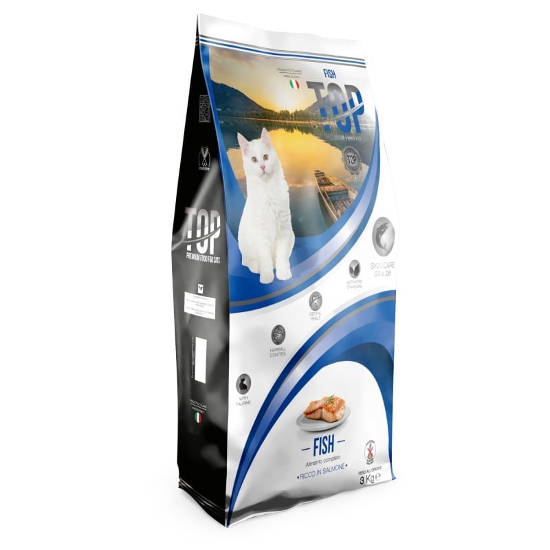 Cat Park ready-to-eat fish cat food top, 3kg, in a bag with colorful packaging showing fish ingredients.