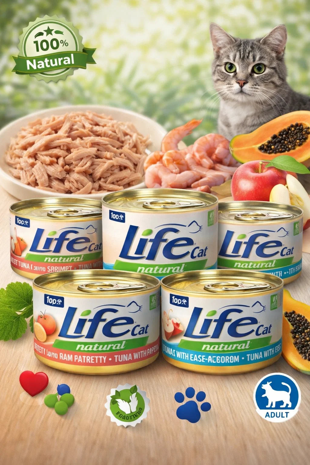 Canned CAT PARK moist cat food for adult cats in various flavors, showing open cans with colorful, appetizing contents.