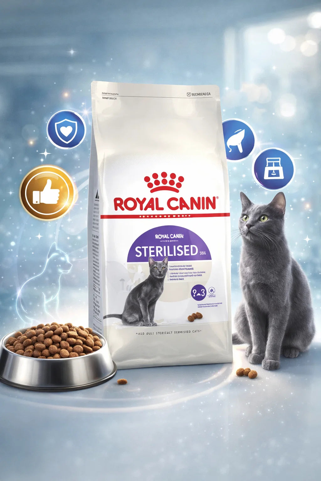 Royal Canin dry cat food for neutered cats, CAT PARK brand, showing a bag of premium feline nutrition on a white background.