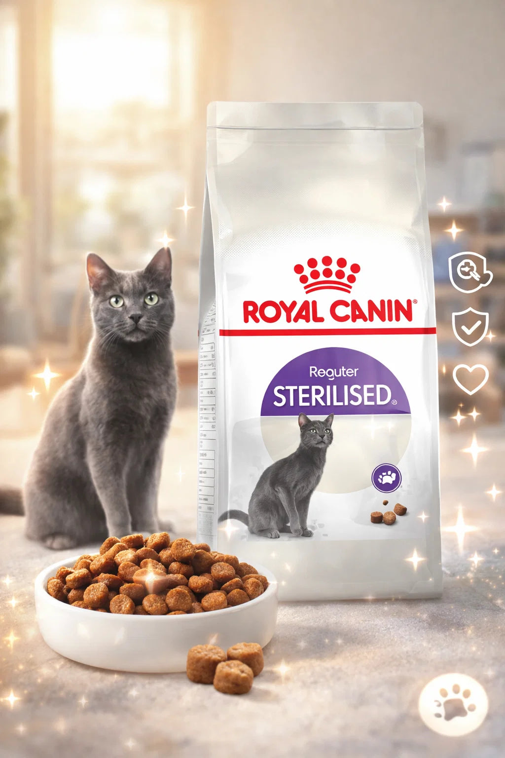 Royal Canin dry cat food for sterilized cats by CAT PARK, showing the product packaging with kibble inside.