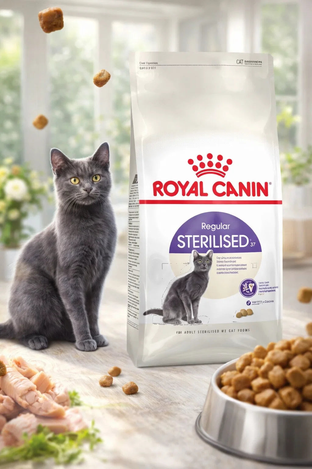Royal Canin dry cat food for sterilized cats by CAT PARK, showing a bag of the ready-to-eat feline nutrition product.