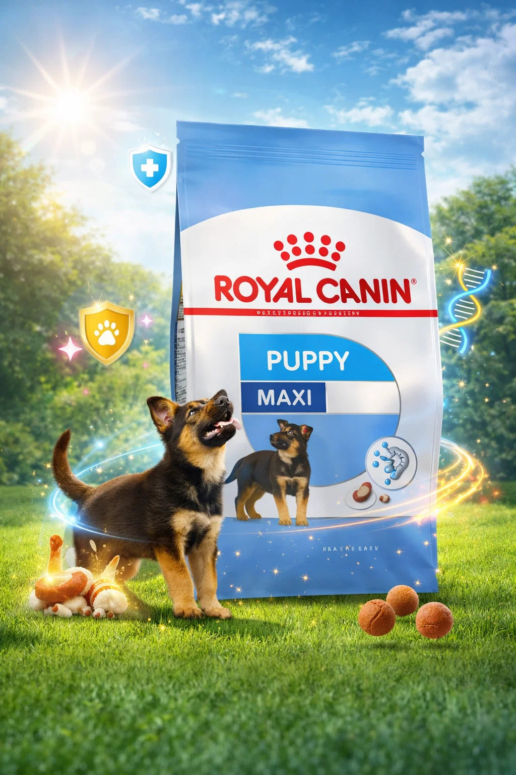 Royal Canin Maxi Puppy dry dog food by CAT PARK, ready-to-eat product with a package showing the kibble and branding on the bag.