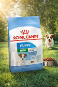 Royal Canin Mini Puppy dry dog food for small breeds up to 10 kg, CAT PARK ready product, shown in a secure pet bowl.