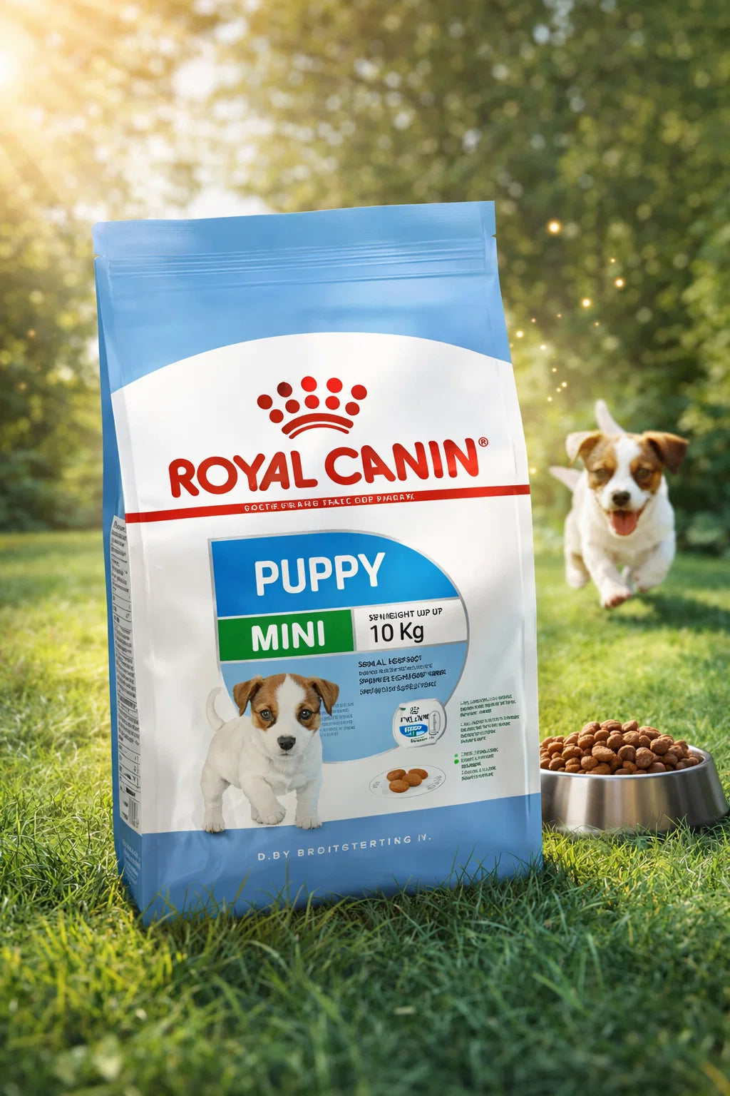 Royal Canin Mini Puppy dry dog food for small breeds up to 10 kg, CAT PARK ready product, shown in a secure pet bowl.