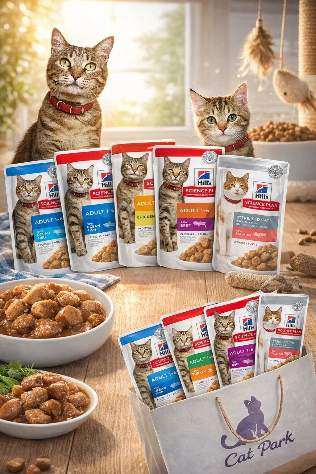 Cat Park moist cat food envelopes with various flavors, shown in a close-up image of the packaging and product presentation.