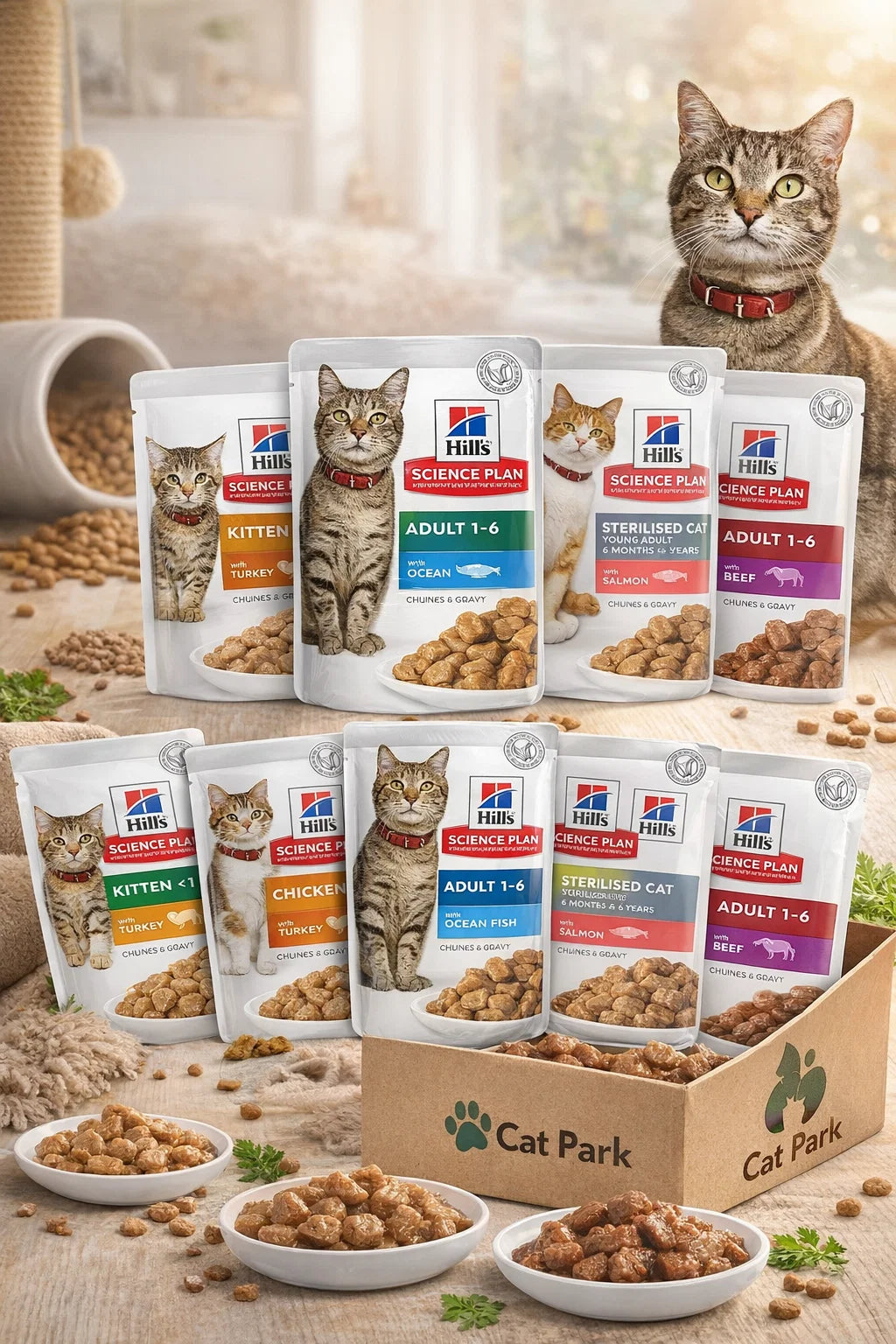 Cat Park Hills wet cat food envelopes in various flavors, showing colorful packaging and fresh seafood and meat ingredients.