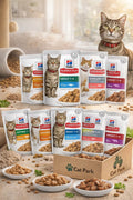Cat Park Hills wet cat food envelopes in various flavors, showing colorful packaging and fresh seafood and meat ingredients.