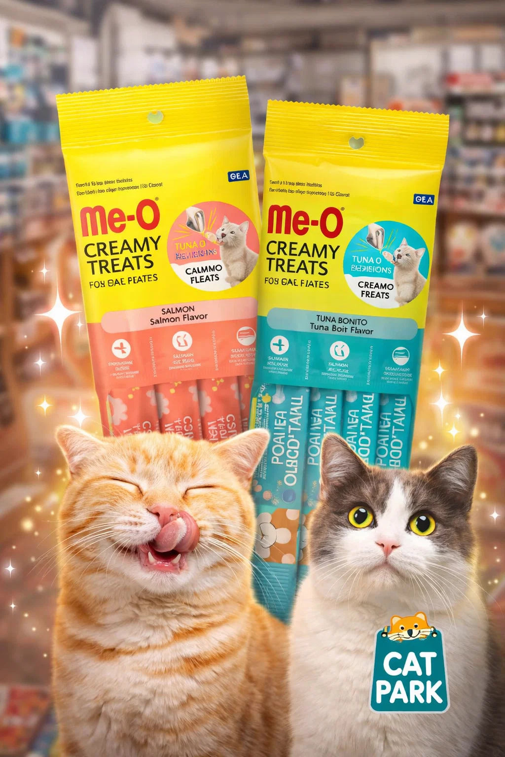 Cat Park مكافآت ميو 4 أصابع 60جم، أكل قطط نكهات متعددة، يعرض أصابع الميو المميزة في عبوة صغيرة.