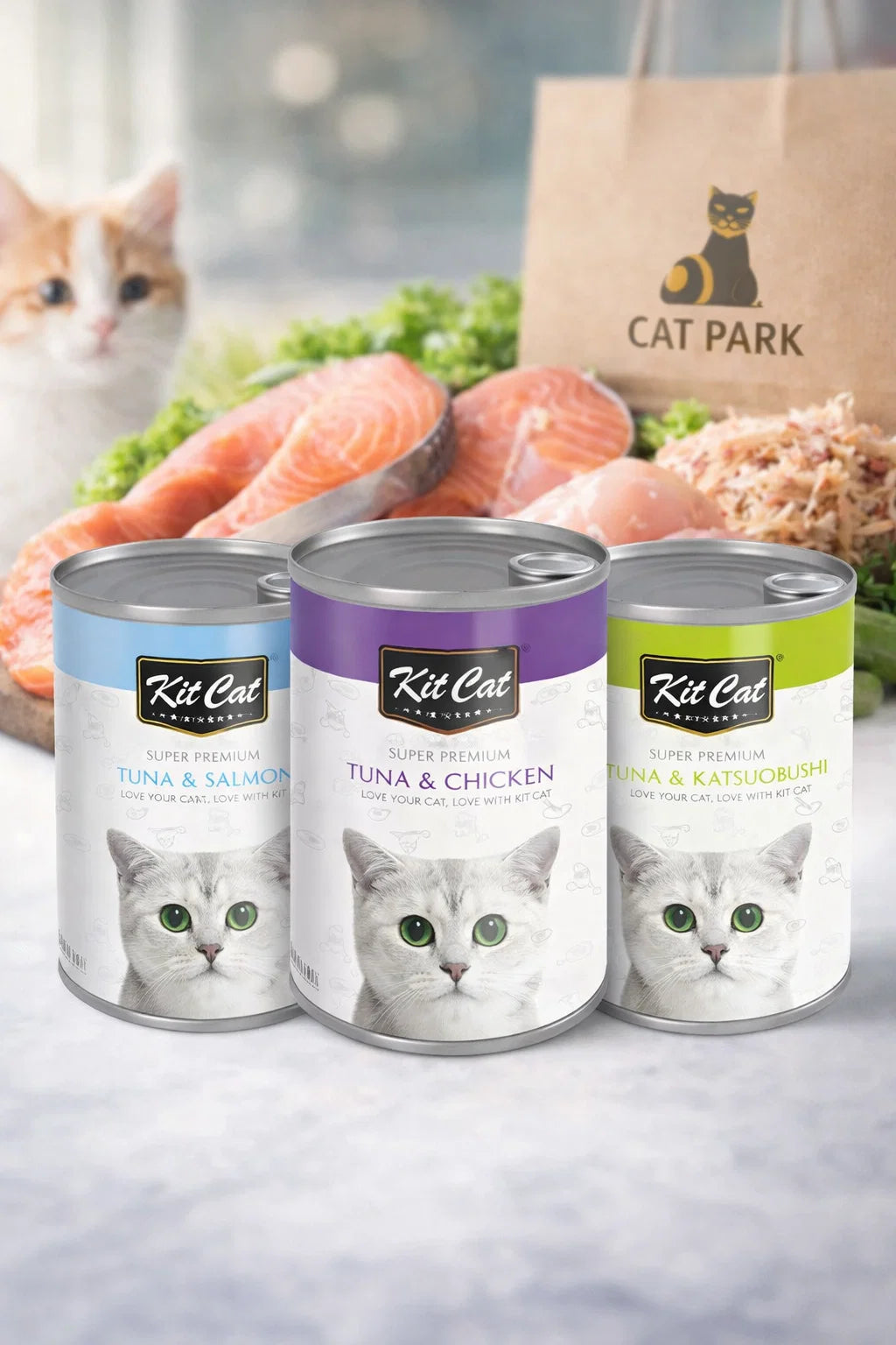 Canned CAT PARK Kit Kat cat food in multiple flavors, 400g, ready-to-eat wet cat food with appealing texture and ingredients.