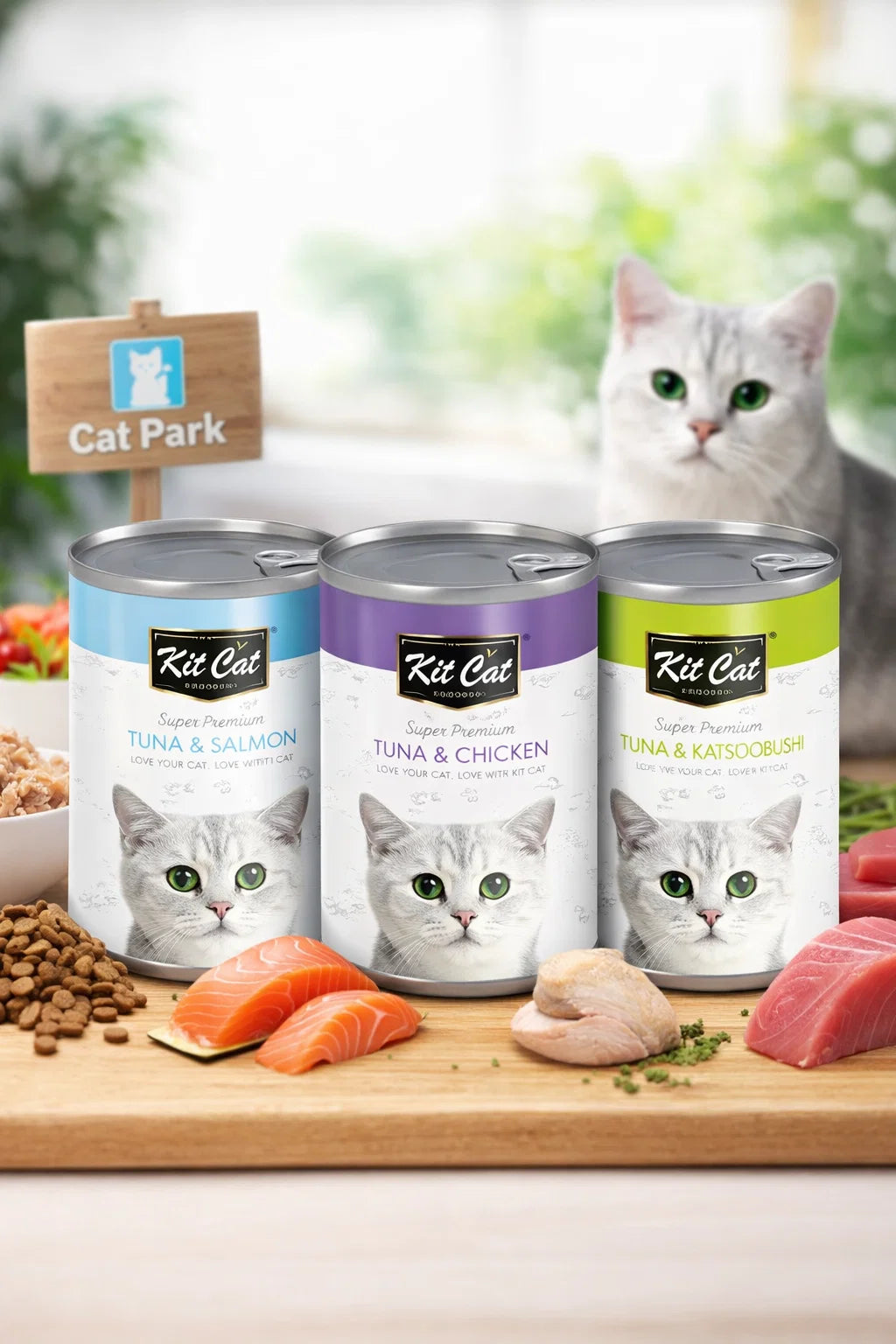 Canned Cat Park Kit Kat wet cat food in various flavors, 400g, with a ready-to-serve appearance and colorful packaging.