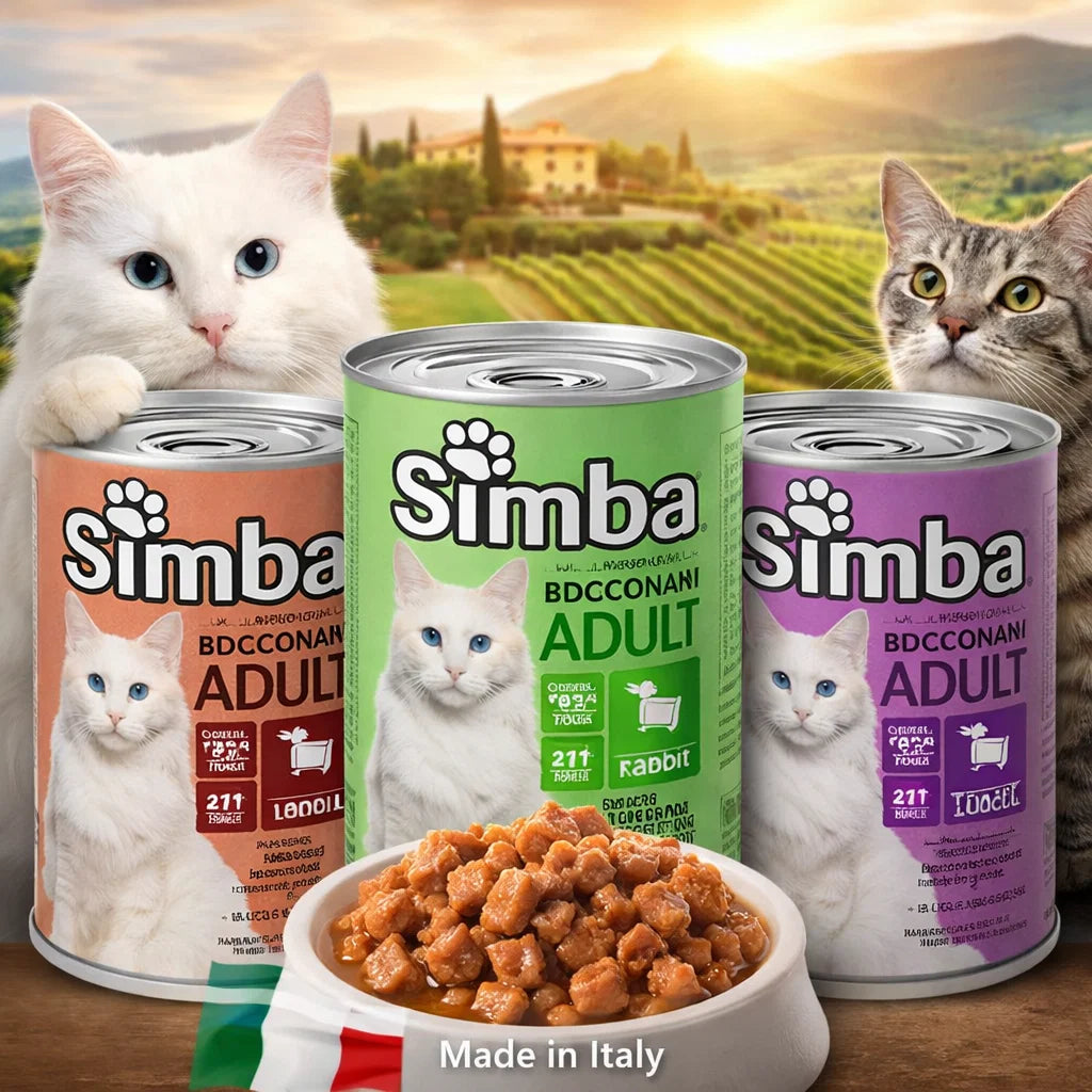 Simba قطط بالغ بوكونشيني طعام قطط بنكهات متعددة 415 جرام، عبوة مفتوحة تظهر محتوى الطعام المقدم في الوعاء