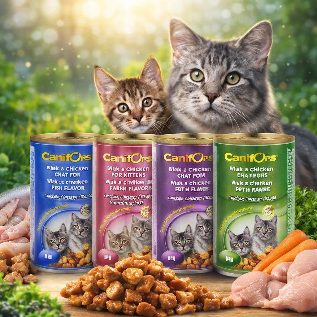 CanifOrs wet cat food in various flavors, 400g, featuring a bowl of moist cat food with colorful ingredients and packaging.