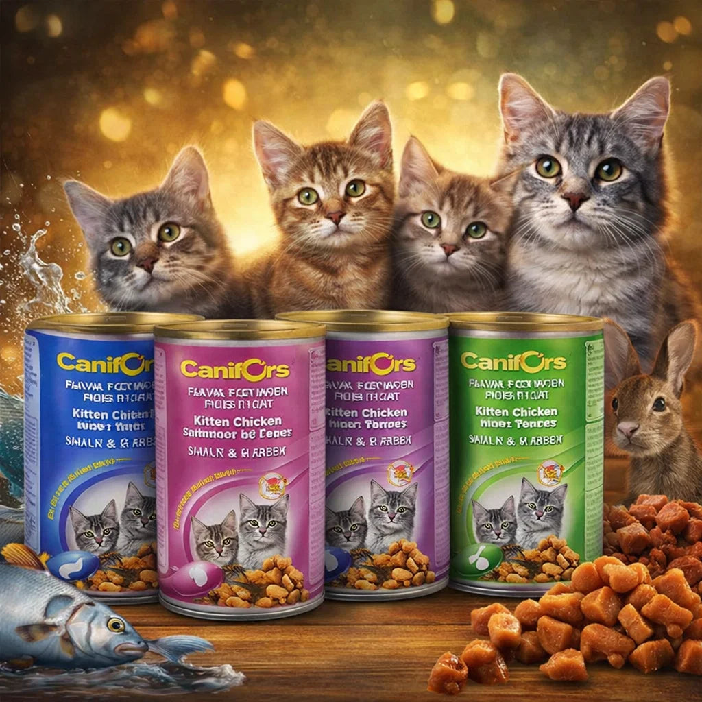 CanifOrs cat food in multiple flavors, 400g, featuring moist, tender chunks in gravy for feline nourishment.