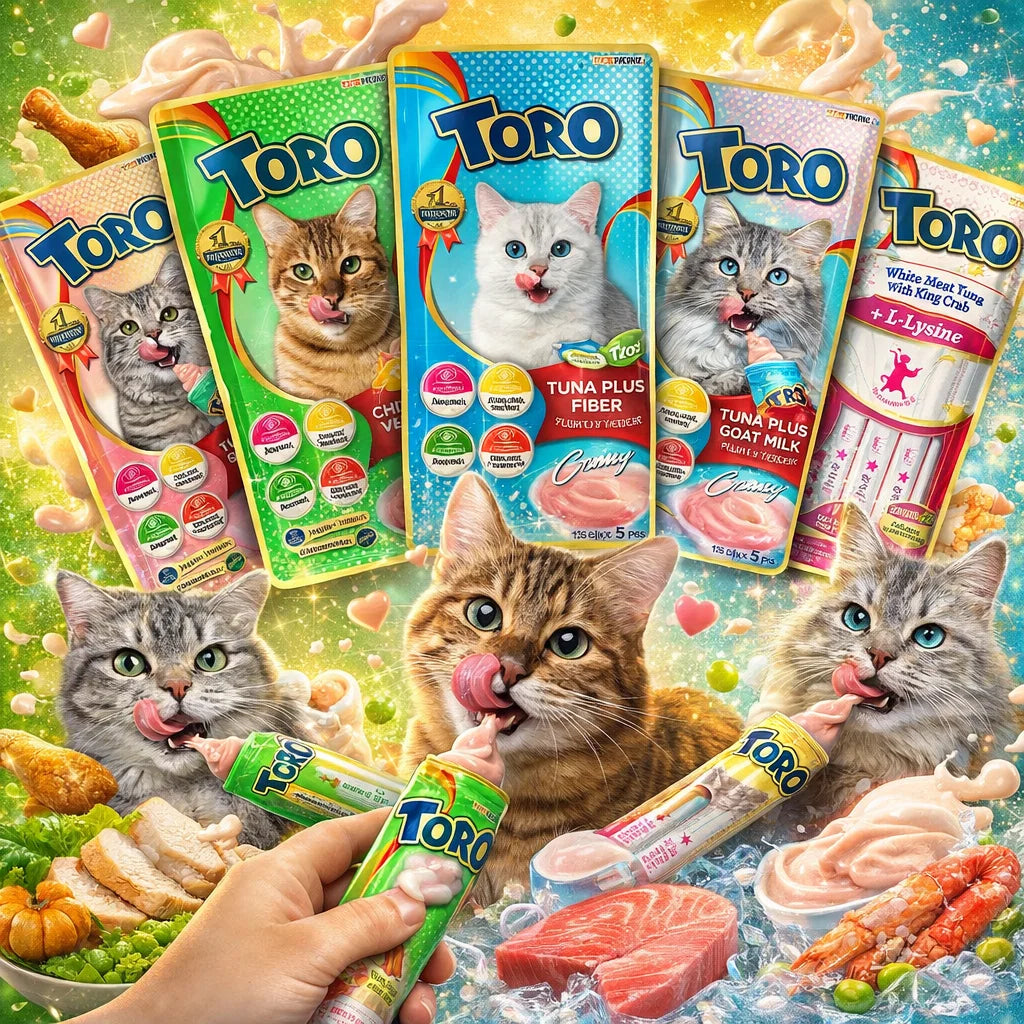 Toro creamy cat snack in multiple flavors, 15g x 5 packs, featuring soft, tasty treats for cats.