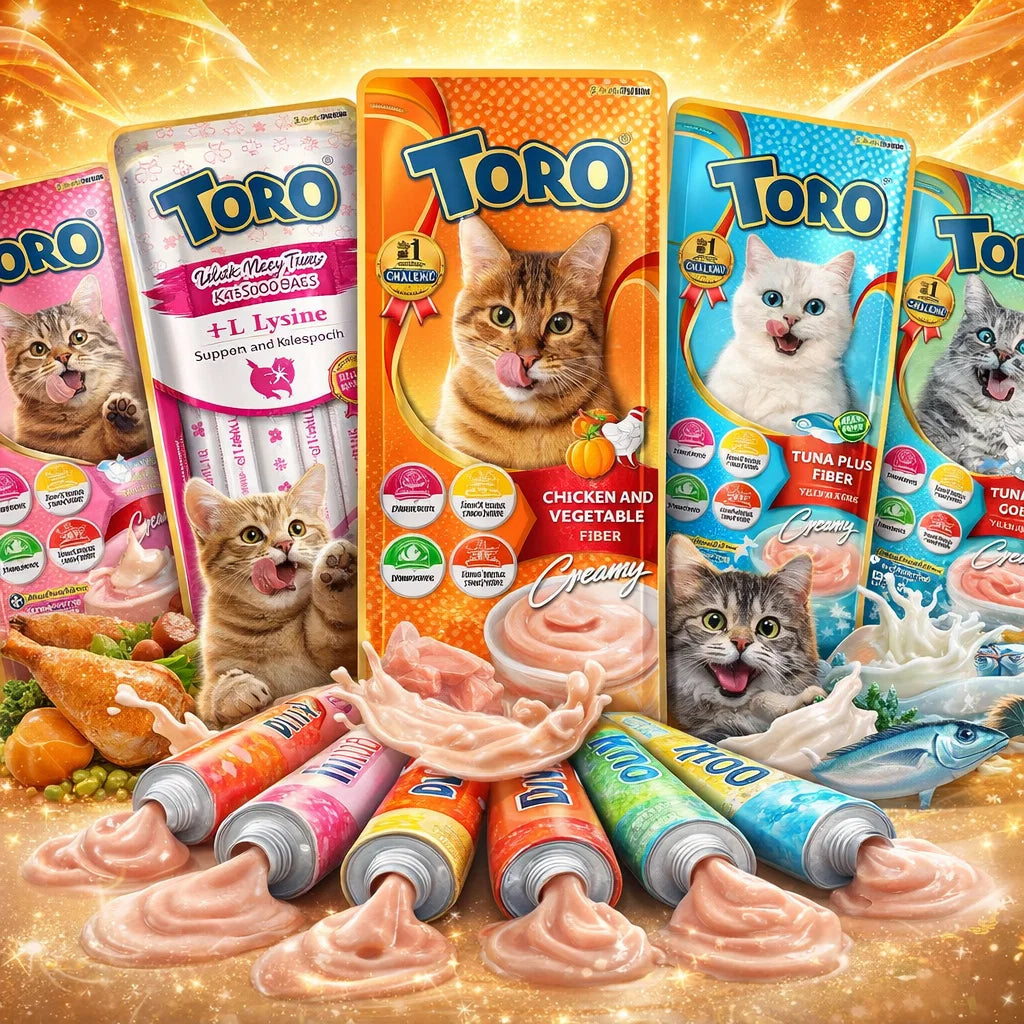 Creamy Toro cat snack in multiple flavors, 15g pack, featuring soft texture and appealing presentation for feline treats.