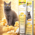 GimCat cat food supplement with cheese for coat and skin health, 50g jar showing the product label and cheese ingredients.