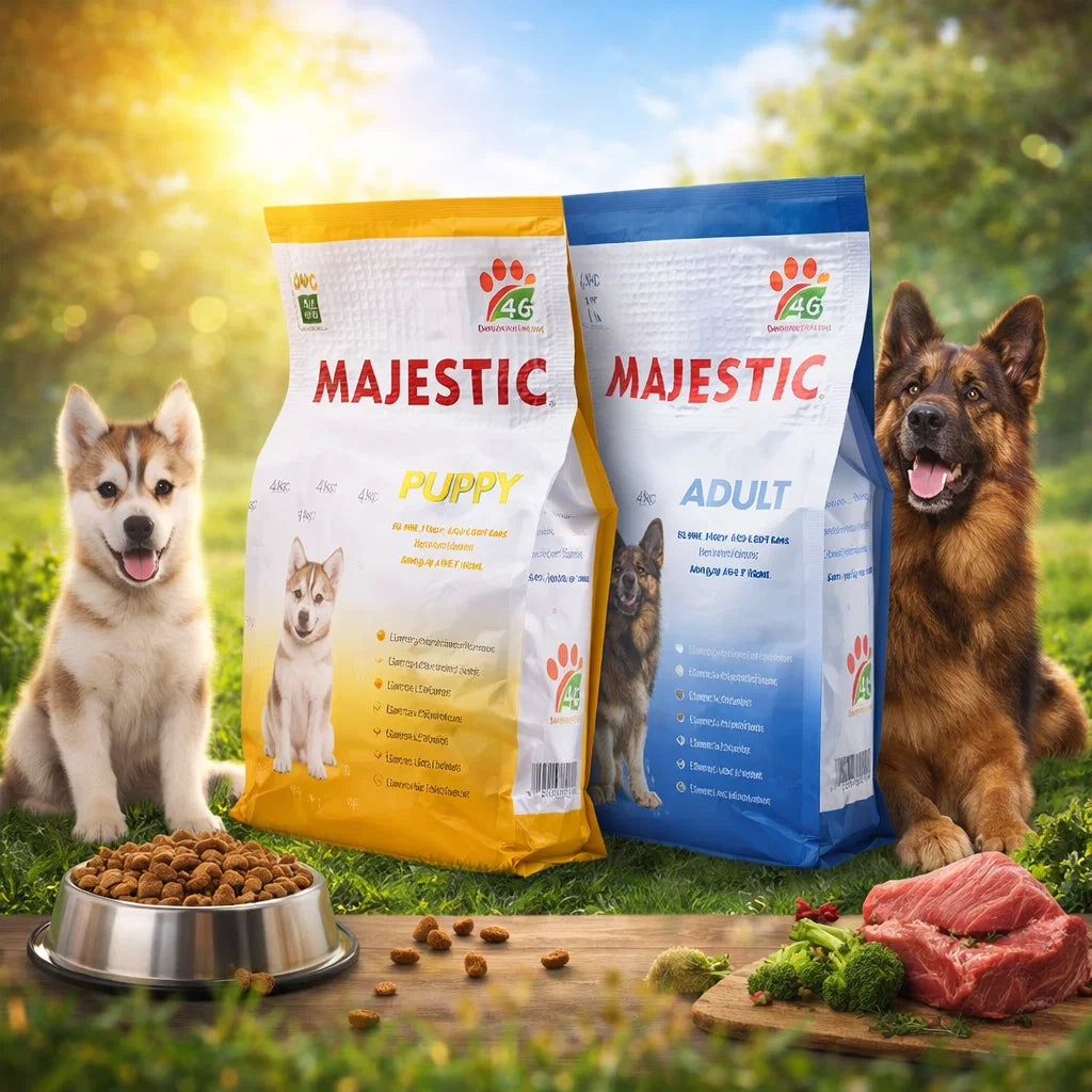 Majestic Pet Food dry dog food in 4kg bag, complete and nutritious, made in Saudi Arabia, featuring kibble with chicken and rice ingredients.