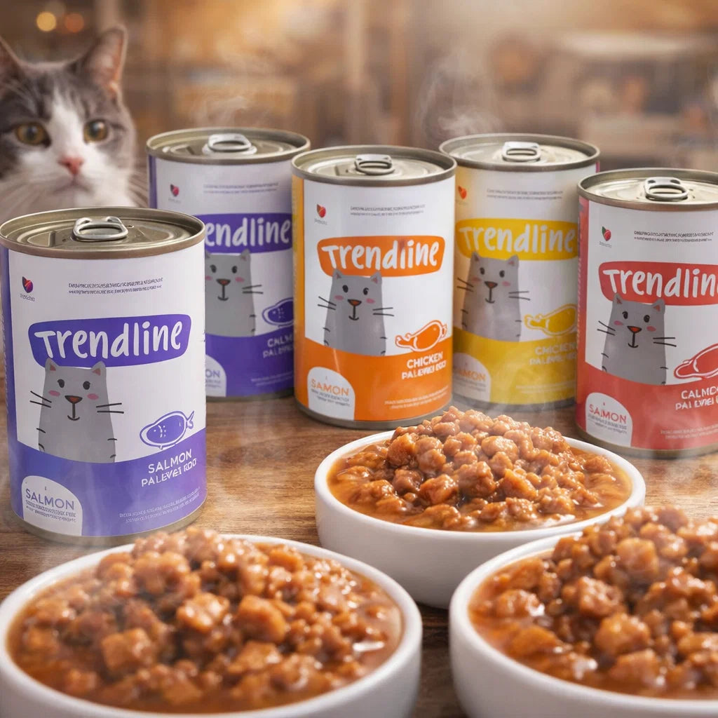 Lider Trendline wet cat food with meat chunks in gravy, available in multiple flavors, served in a bowl.