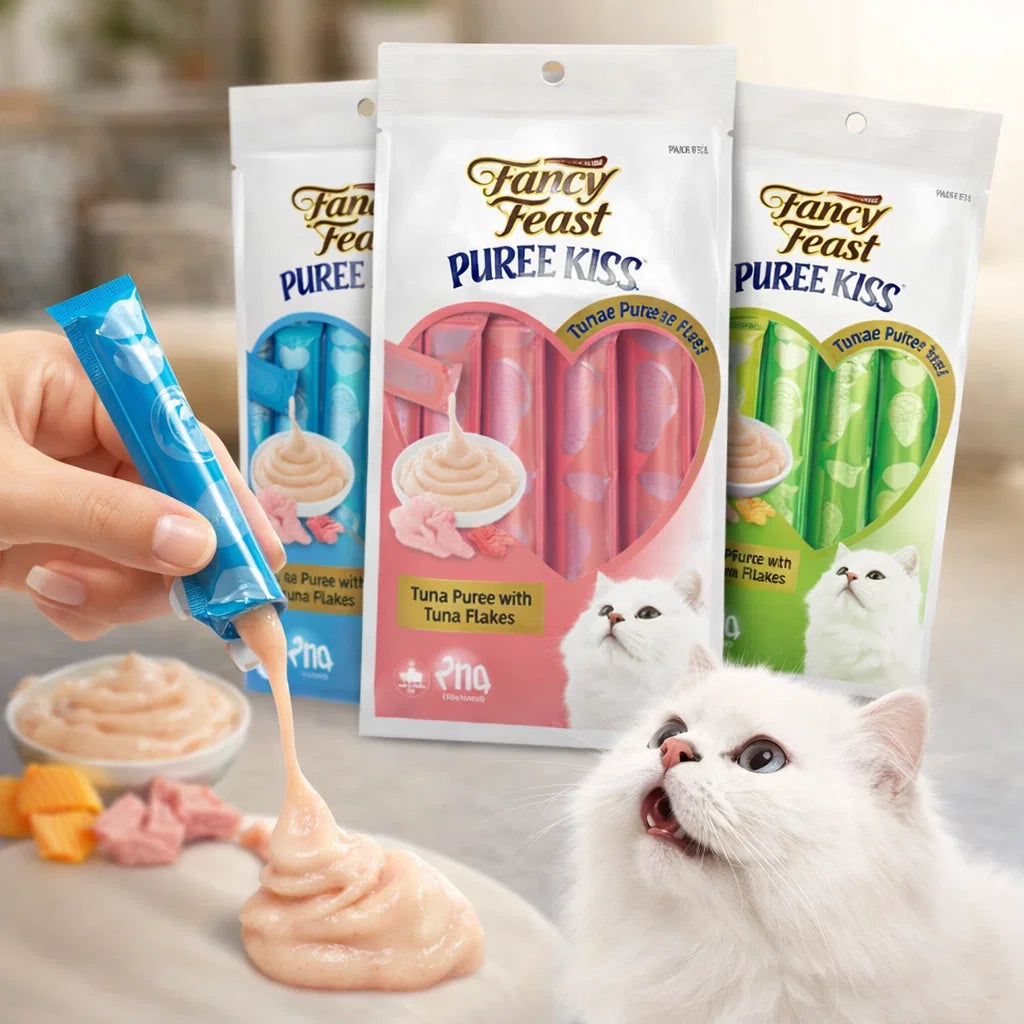 Cat Park fancy fish flavor tuna flakes in various flavors, displayed in a clear bowl with packaging in the background.
