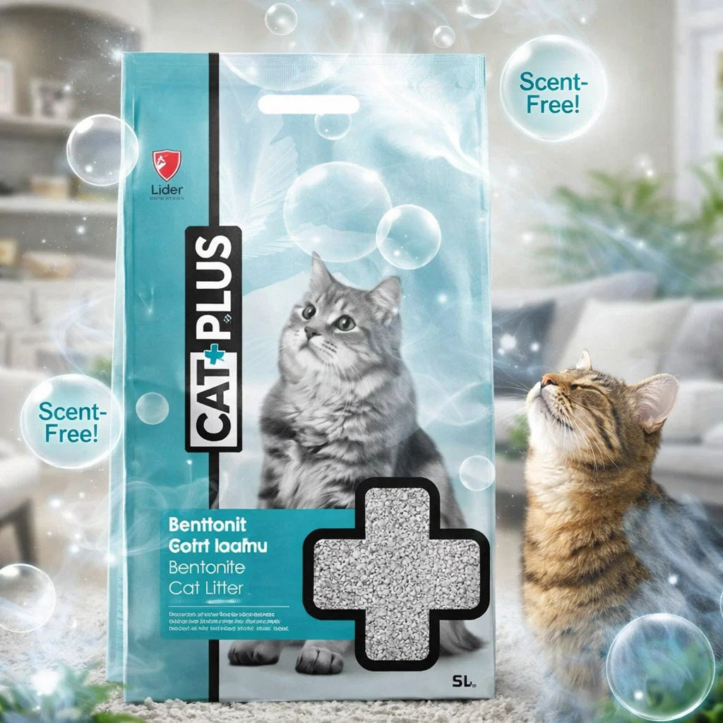 Cat Park ready cat litter, odorless sand for cats, close-up of the granular, scent-free cat litter in a container.